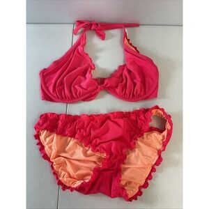 Victoria's Secret LG 2PC BIKINI RUFFLE cheeky NEON pink CORAL‎ Beach Party